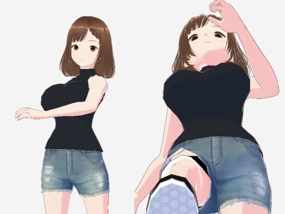 黒いノースリーブにデニムのショートパンツのお姉さん（セリフなし  3DCGモデル  イラスト集）